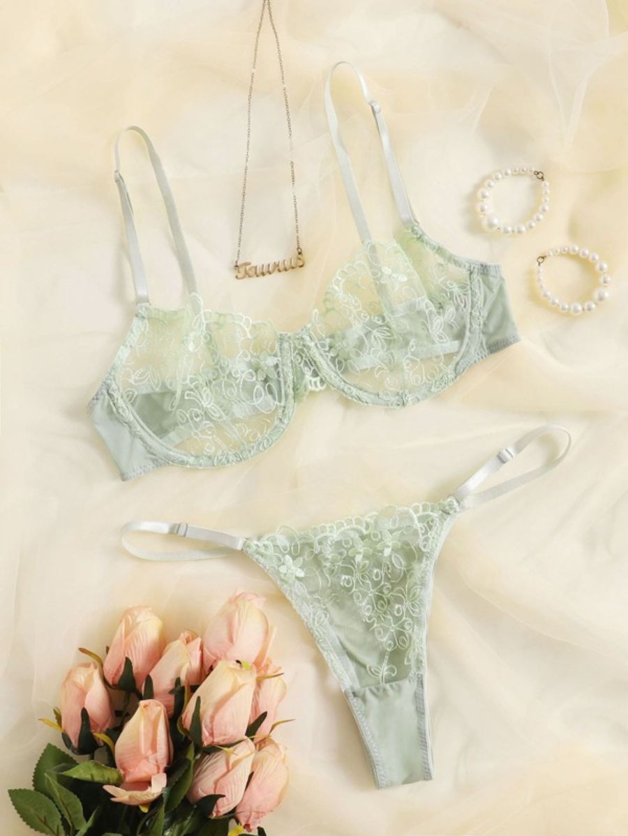 Sheer Mesh Embroidered Underwire Lingerie Set