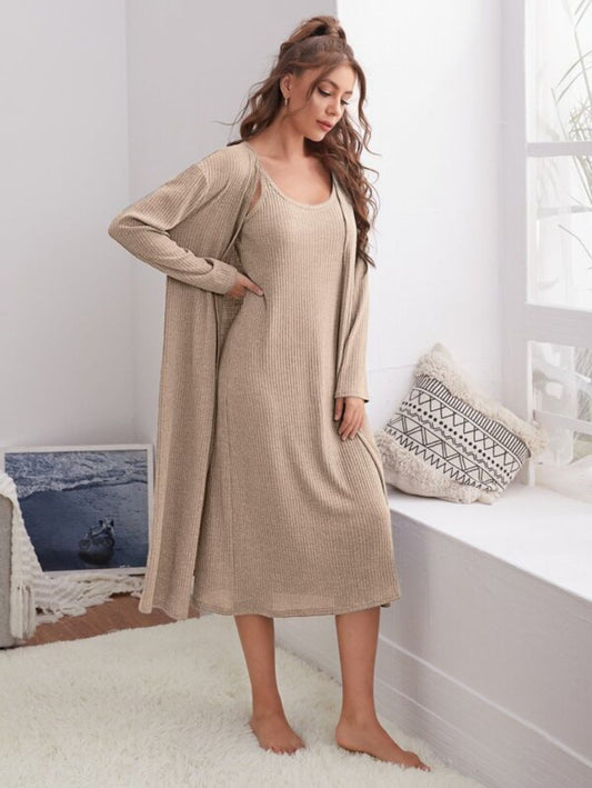 Rib Knit Cami Dress And Robe Lounge Set