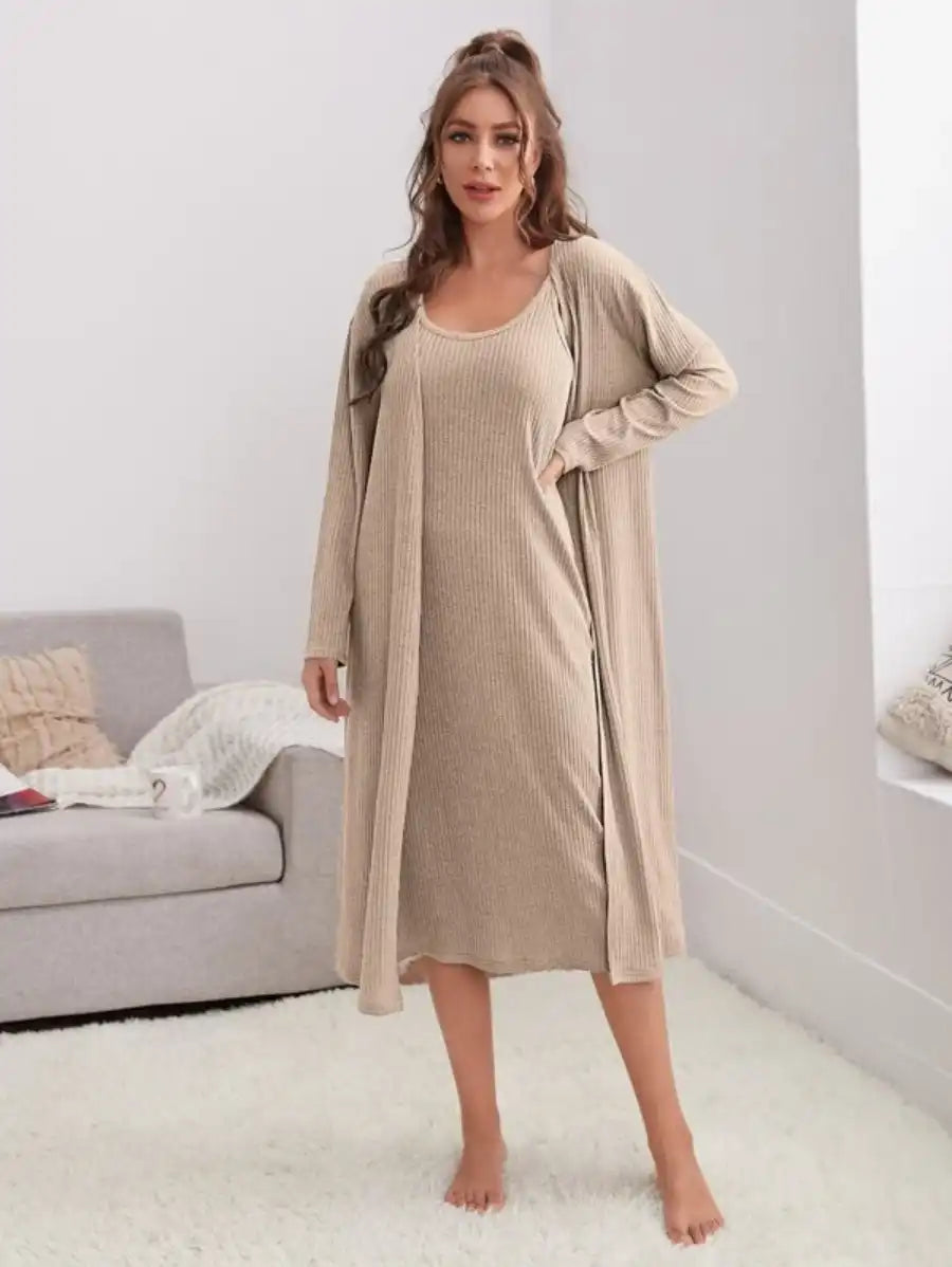 Rib Knit Cami Dress And Robe Lounge Set