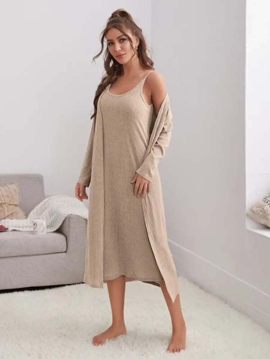 Rib Knit Cami Dress And Robe Lounge Set