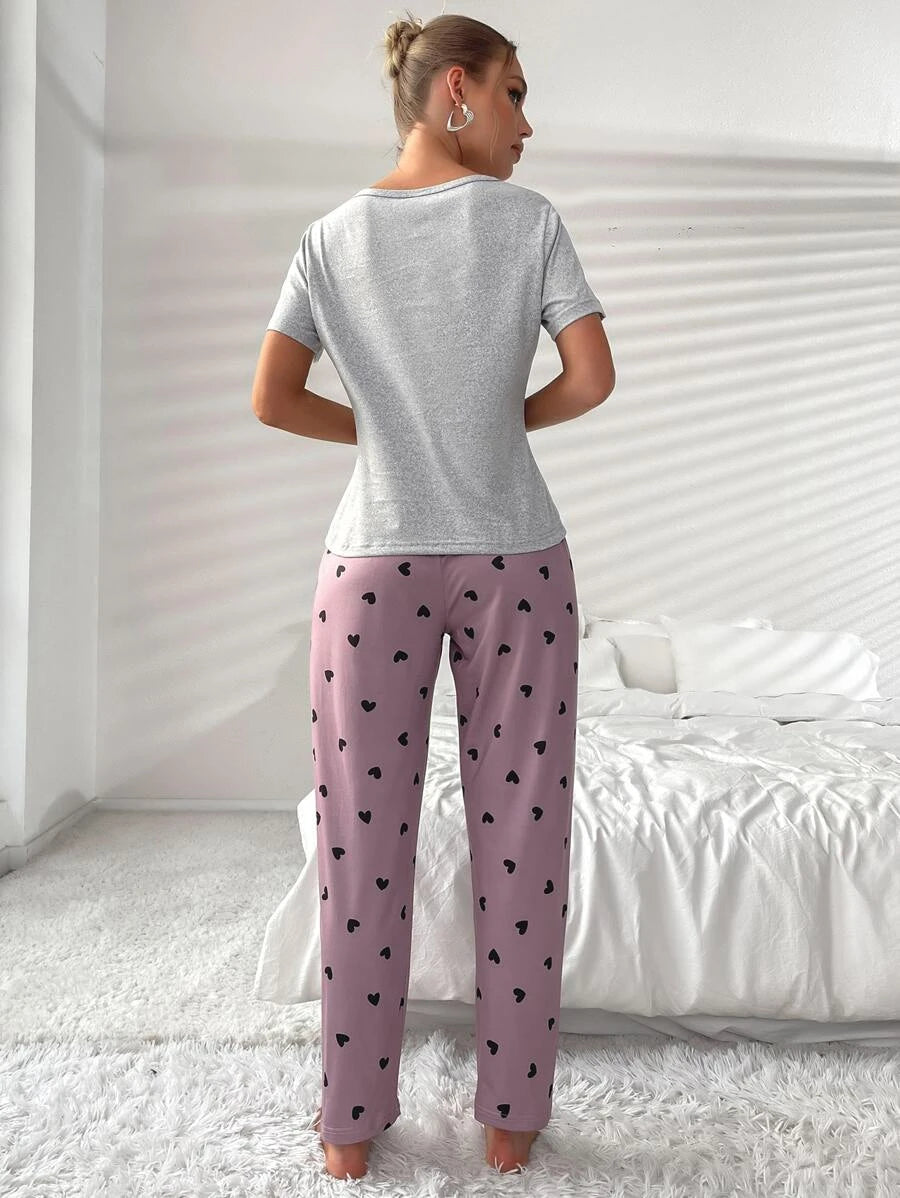 2 Pieces Letter Graphic Printed Tee And Pants Set