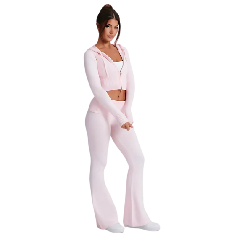 Two Piece Ribbed Zip Up Hoodie And Pant Set Pink