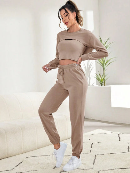 3 Pieces Tank Top Super Crop Pullover And Pants Lounge Set