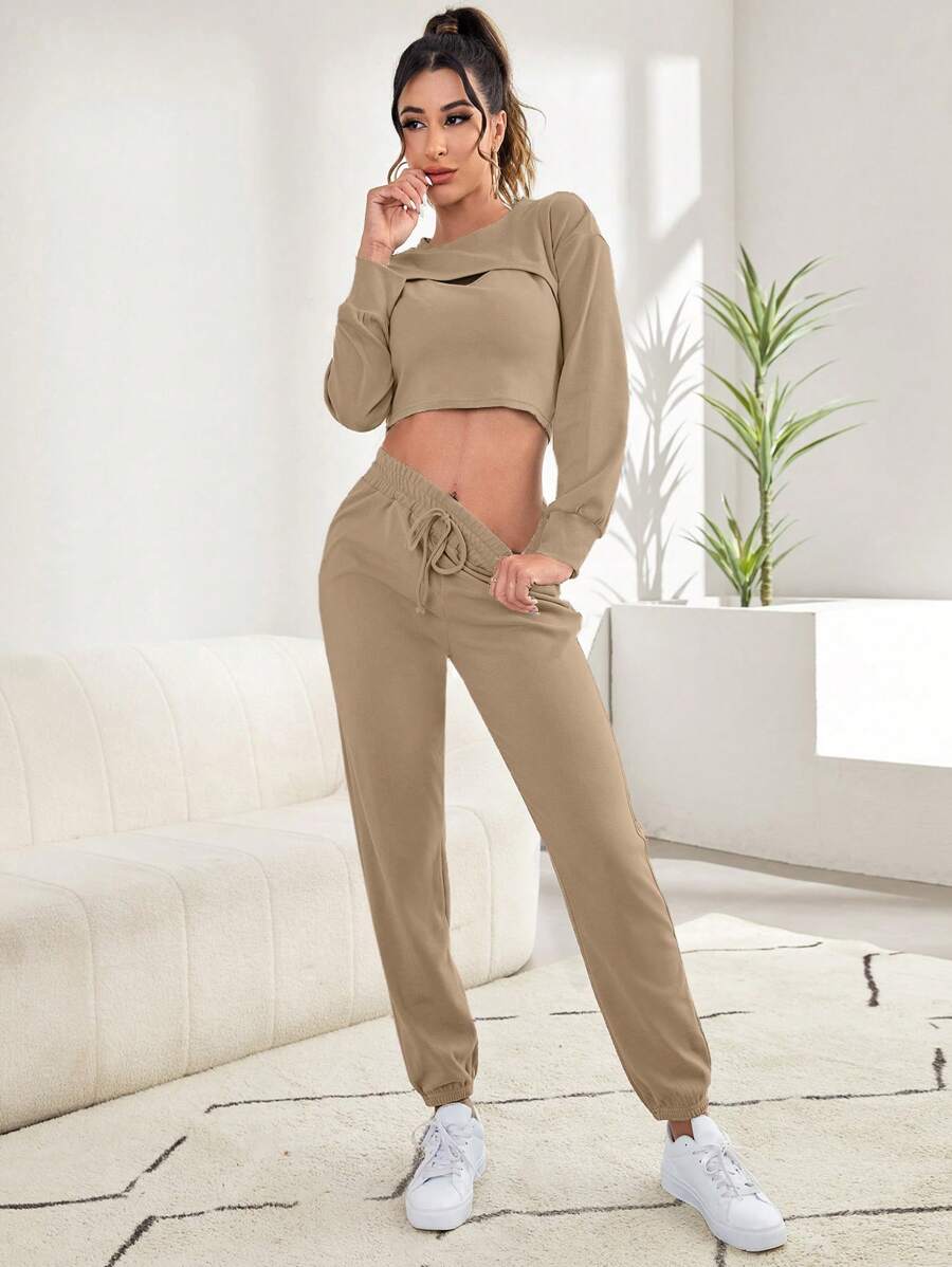 3 Pieces Tank Top Super Crop Pullover And Pants Lounge Set Light Brown