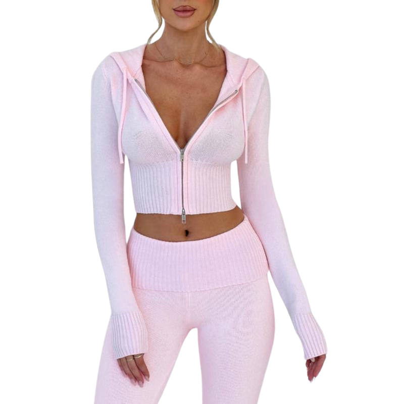 Two Piece Ribbed Zip Up Hoodie And Pant Set