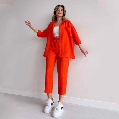 Solid Colored Long Sleeve Shirt And Casual Trousers Outfit Set Orange