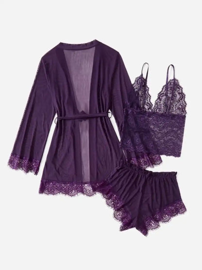 Contrast Lace Mesh Lingerie Set With Robe And Belt