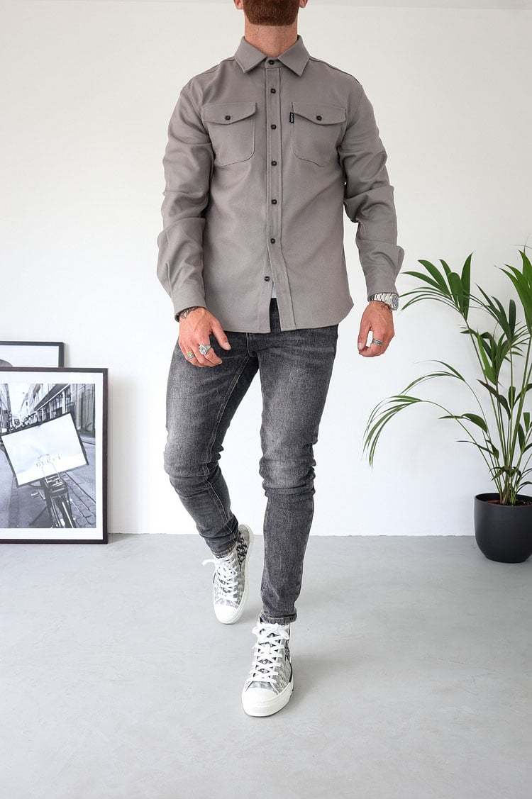 Button Down Shirt Jacket LIGHT GREY