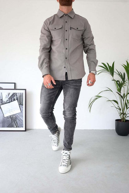 Button Down Shirt Jacket LIGHT GREY