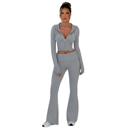 Two Piece Ribbed Zip Up Hoodie And Pant Set Gray