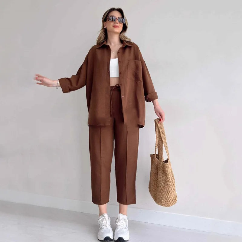 Solid Colored Long Sleeve Shirt And Casual Trousers Outfit Set Dark Brown