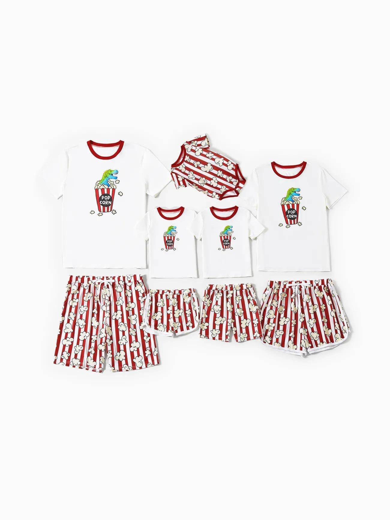 Family Matching Popcorn Pattern Top and Stripe Shorts Set Baby 3M