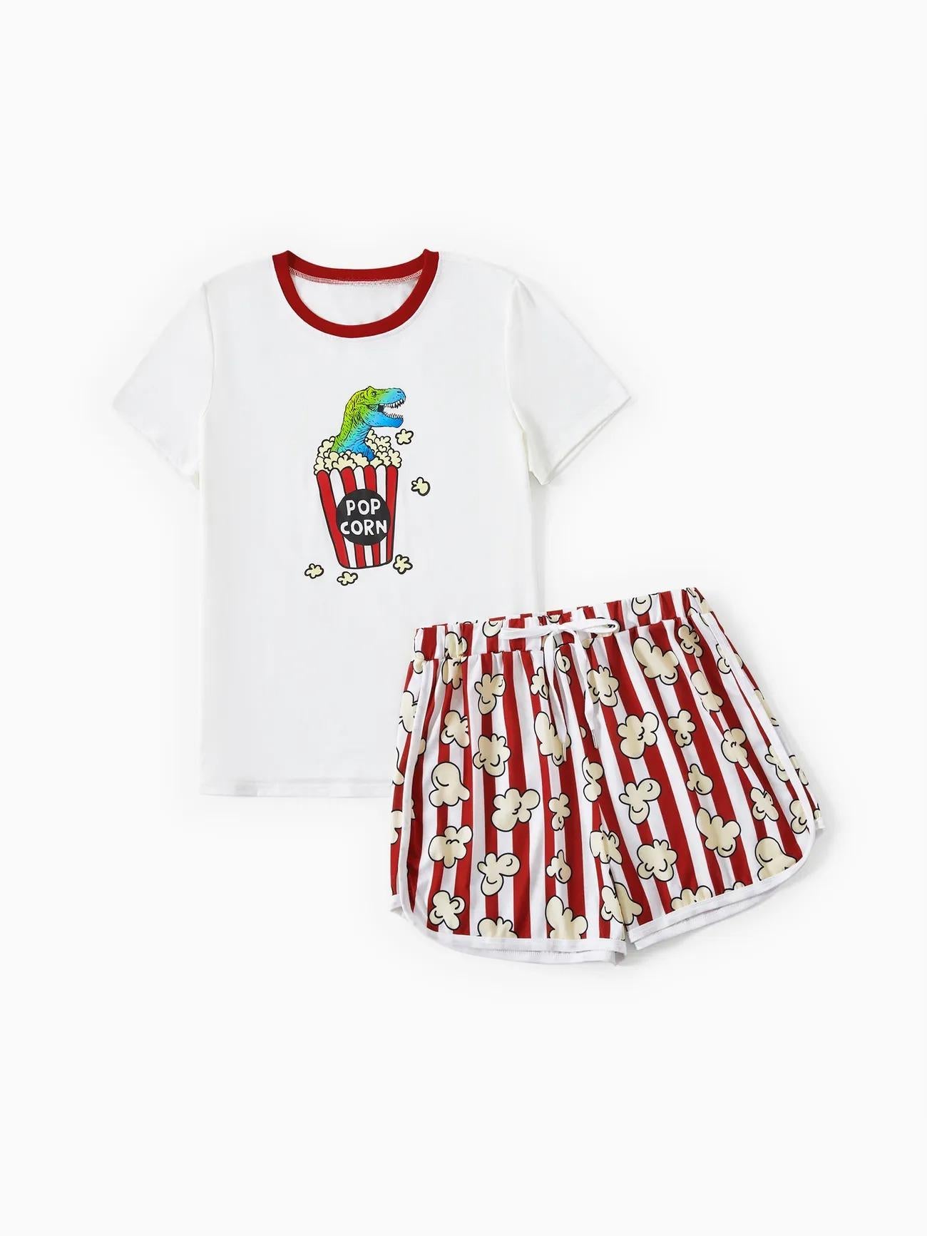 Family Matching Popcorn Pattern Top and Stripe Shorts Set Women