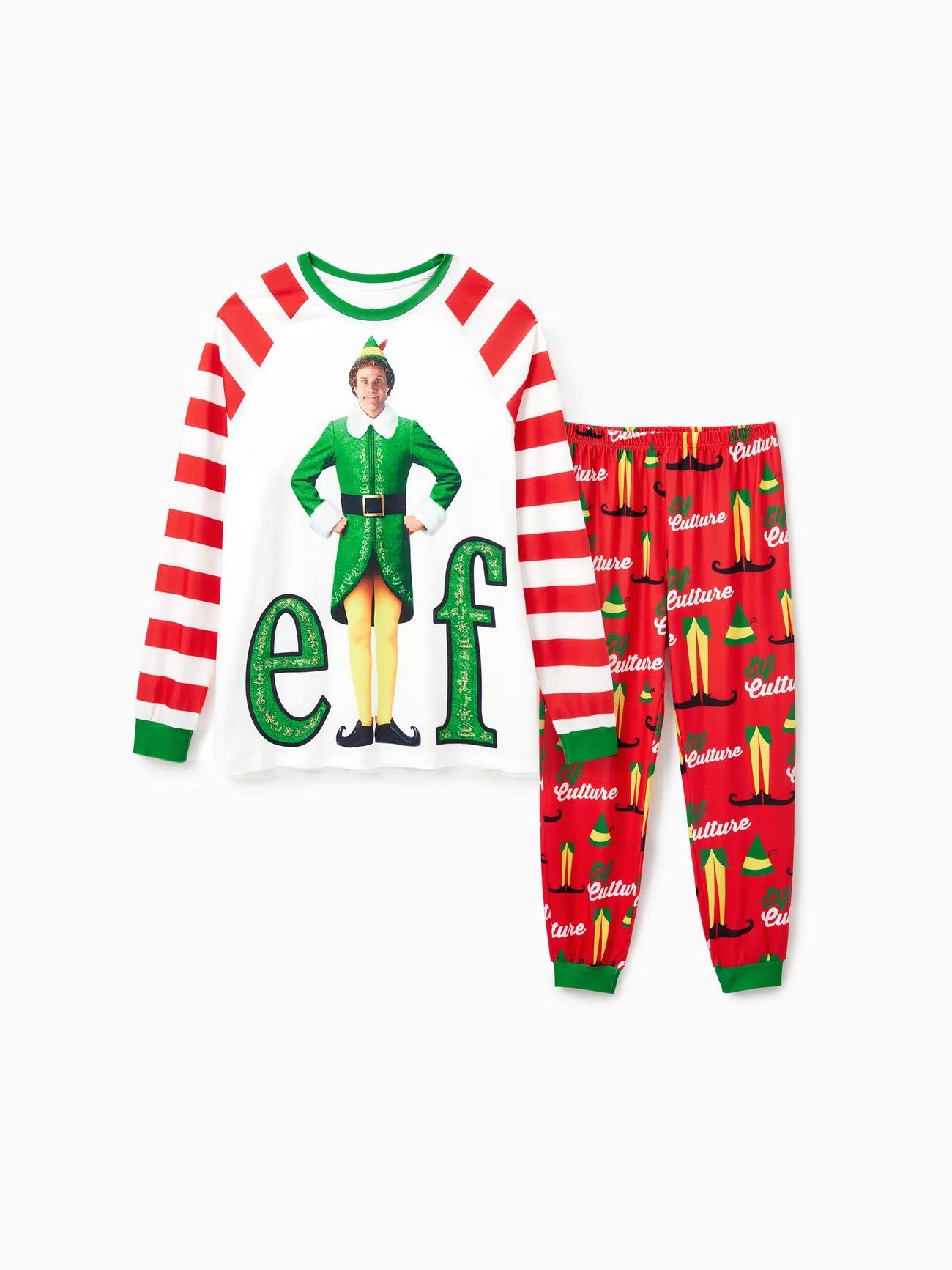 Family Matching Christmas Elf Character Striped Print Pajama Set Men