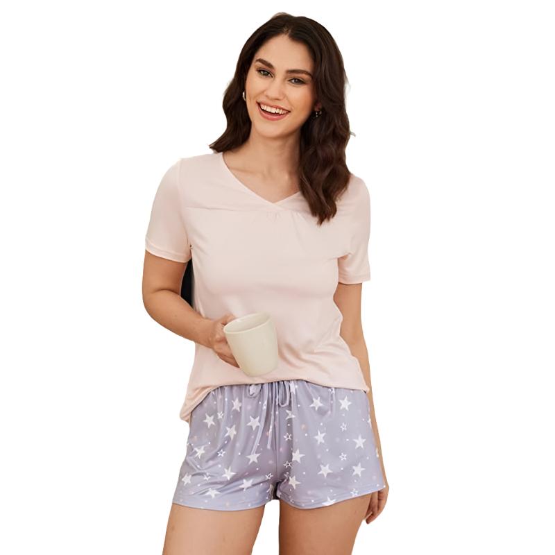 Short Sleeve Top And Nightwear Pajama Set Pink Star