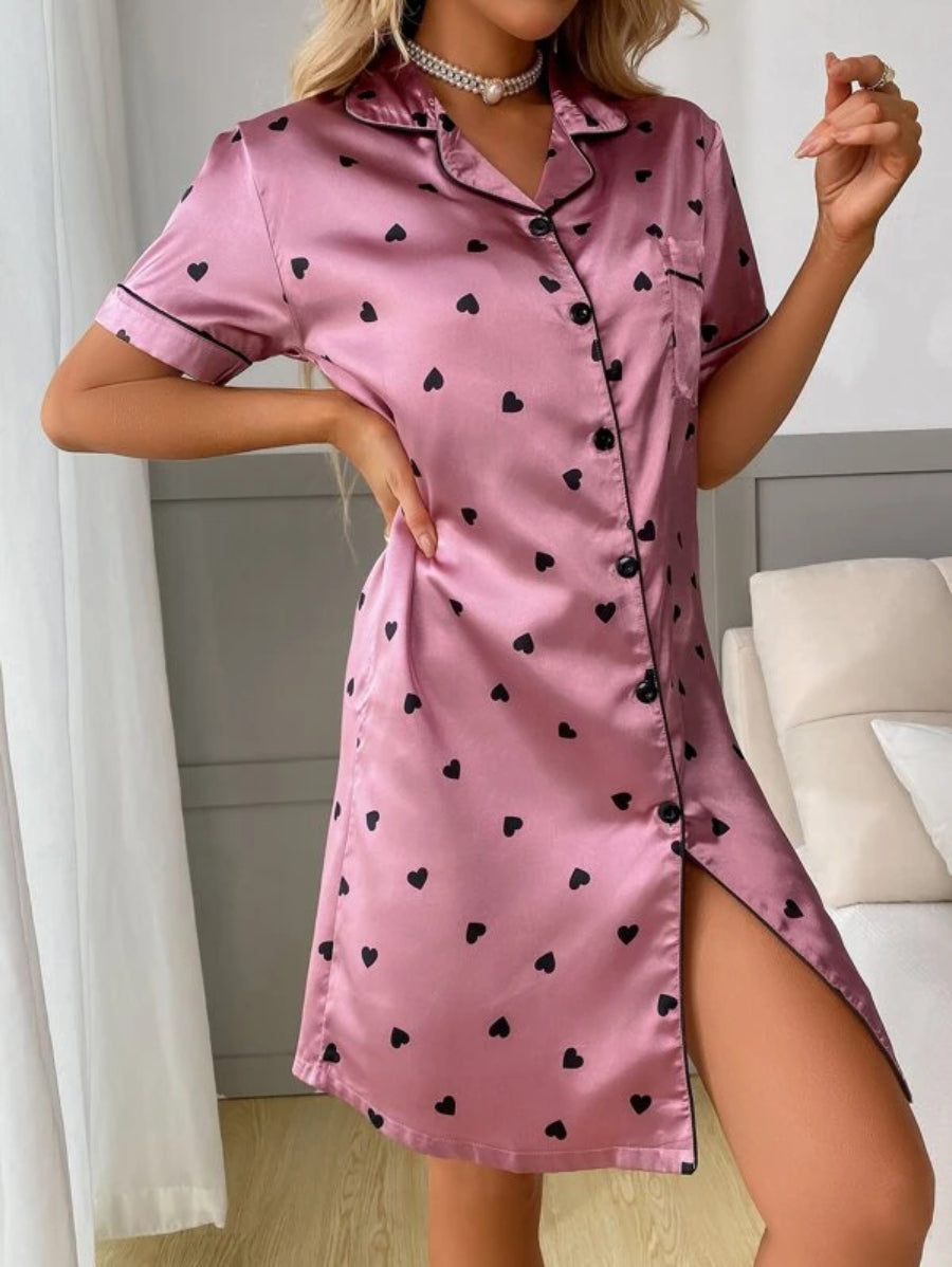 Allover Print Contrast Piping Satin Nightdress