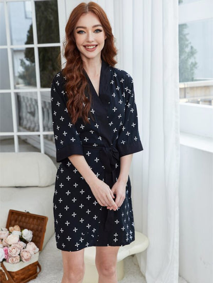Allover Print Contrast Trim Belted Robe
