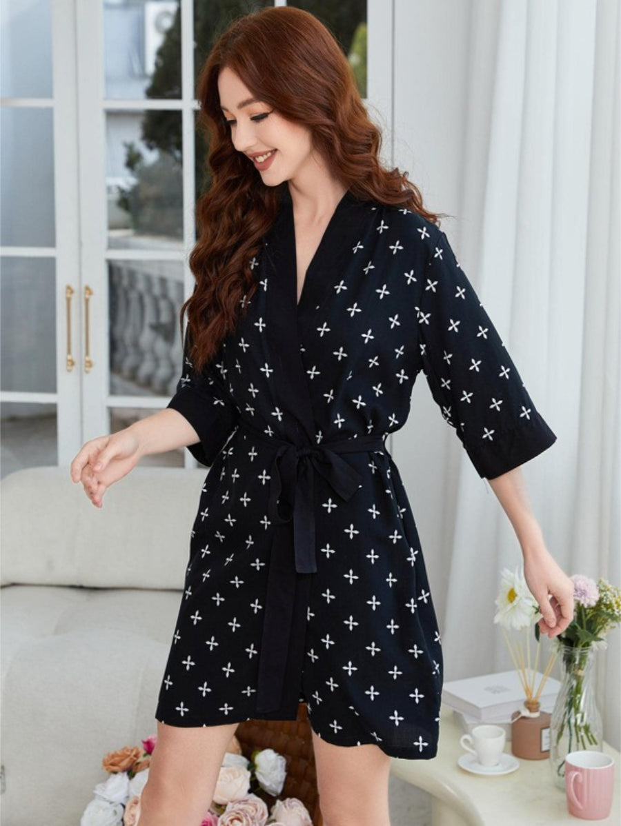 Allover Print Contrast Trim Belted Robe