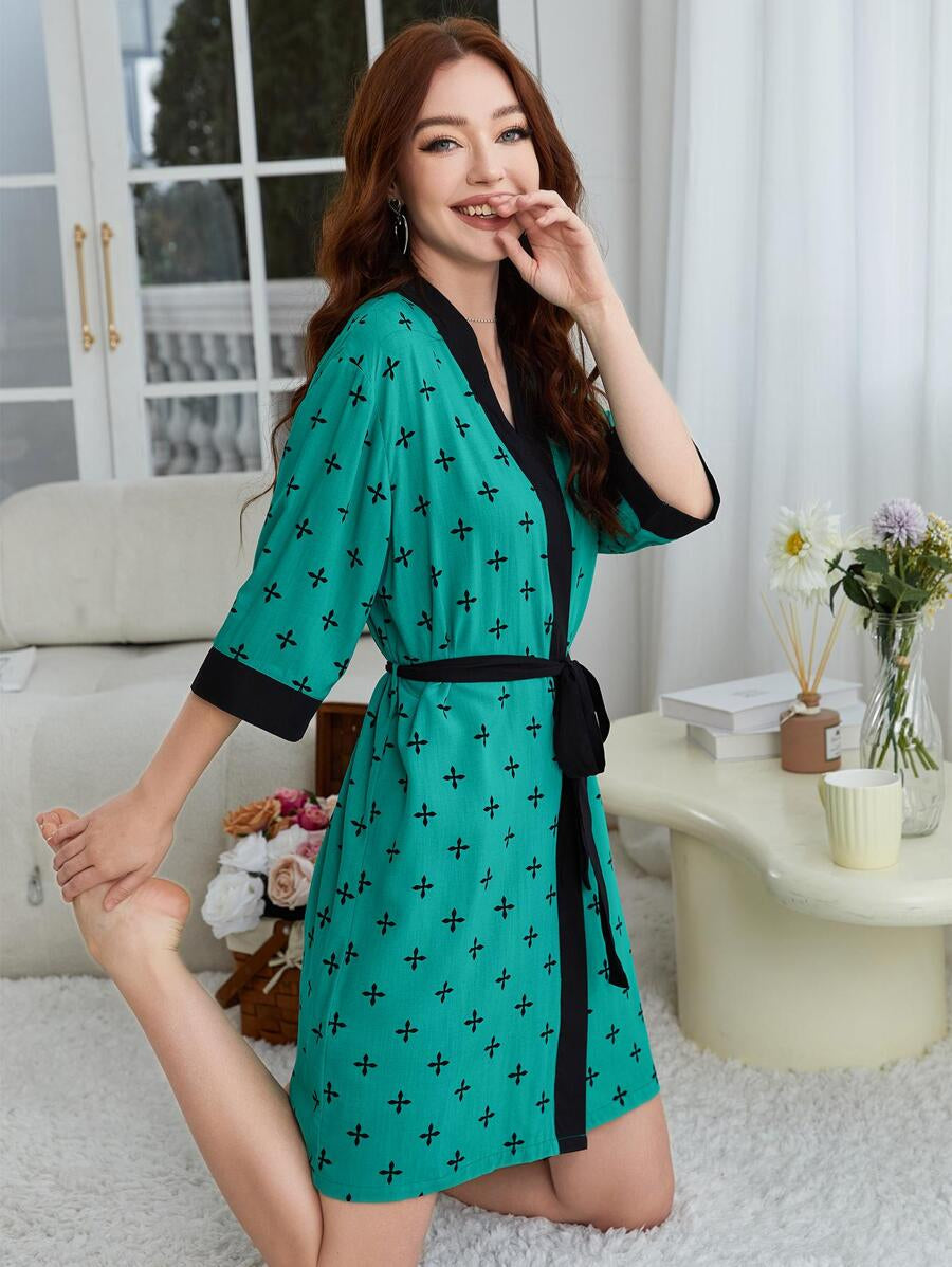 Allover Print Contrast Trim Belted Robe