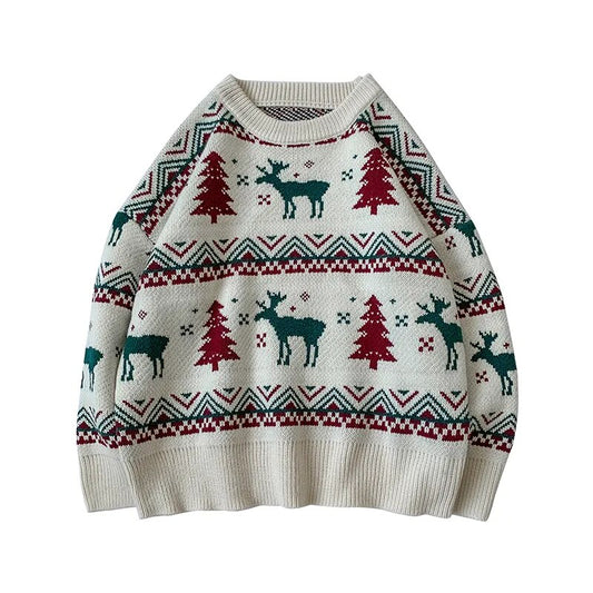 Animal And Christmas Tree Printed Pullover Sweater