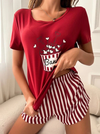 Bear And Letter Graphic Shorts Set Red