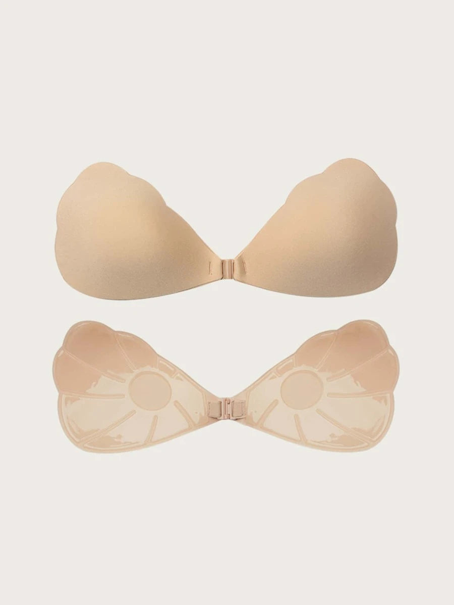 Bow Backless Adhesive Scallop Trim Bra Beige