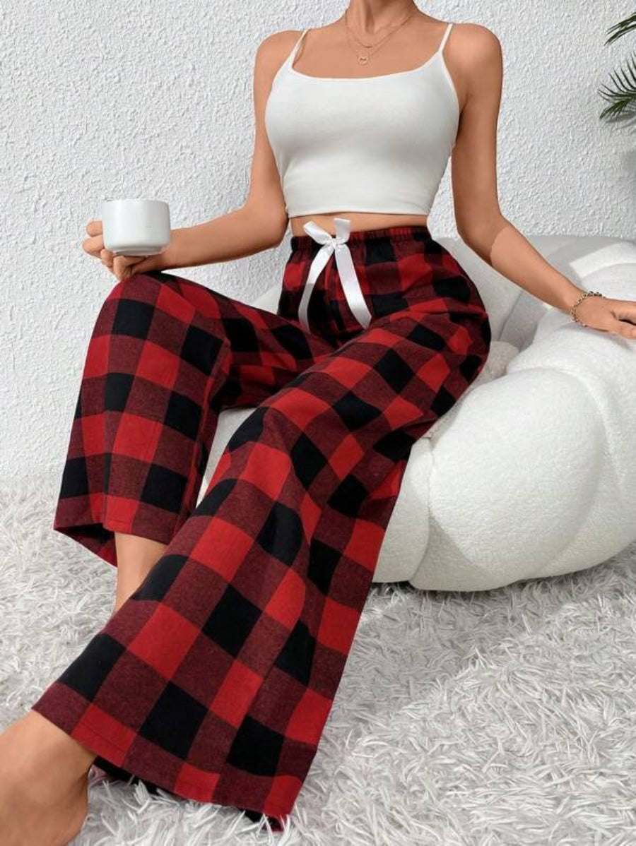 Bow Front Plaid Print Sleep Pants