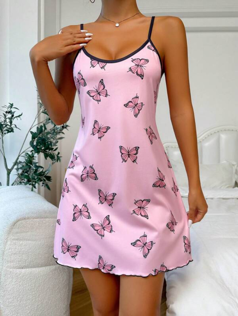 Butterfly Print Contrast Binding Lettuce Trim Cami Nightdress