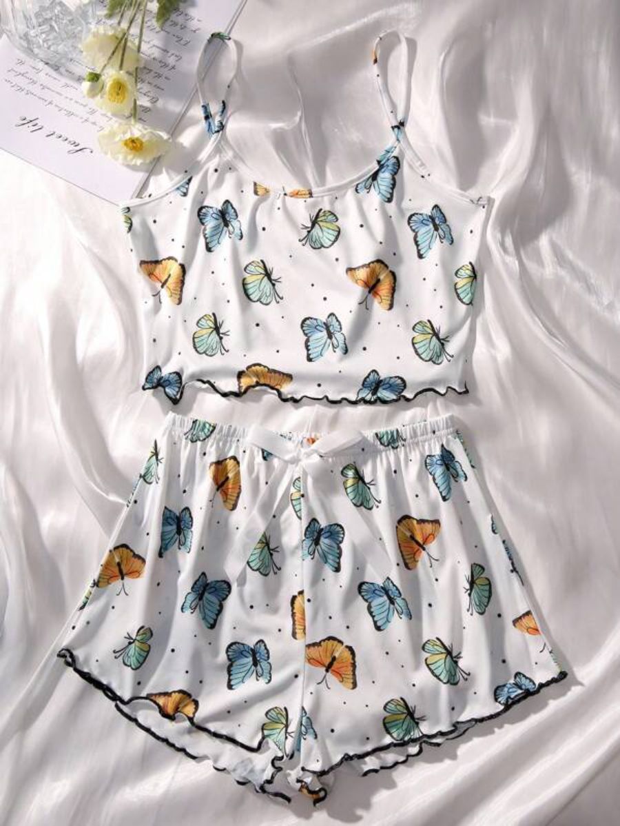 Butterfly Printed Lettuce Trim Pajama Set