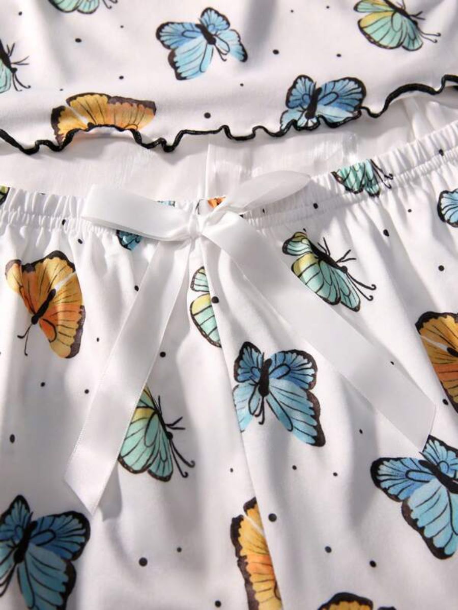 Butterfly Printed Lettuce Trim Pajama Set