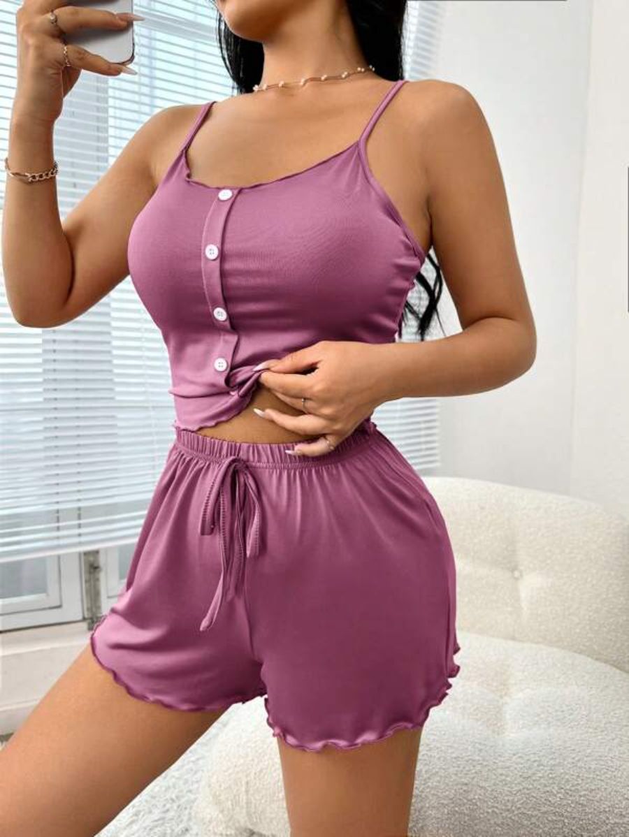 Button Front Cami Top And Shorts Lounge Set Purple