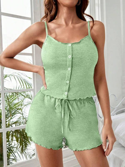 Button Front Cami Top And Shorts Lounge Set