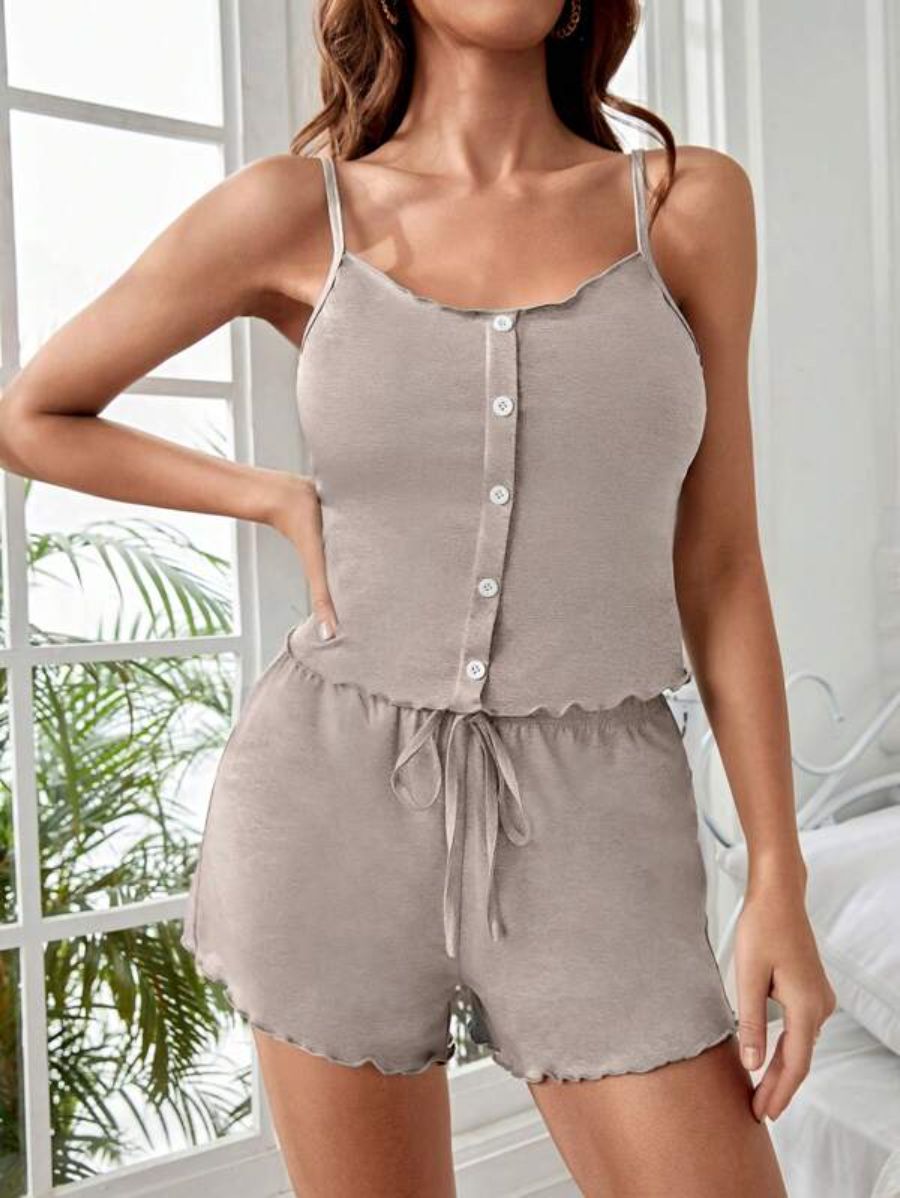 Button Front Cami Top And Shorts Lounge Set