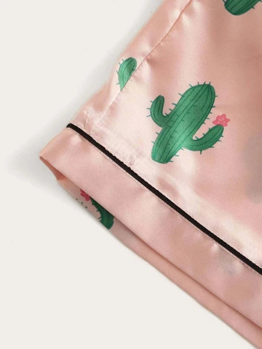 Cactus Print Satin Shorts Set