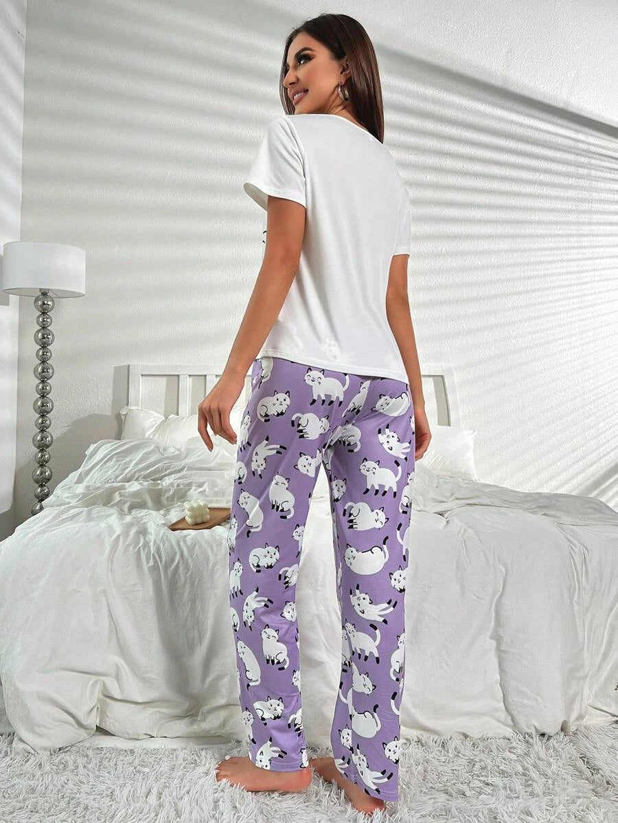 Cartoon And Letter Graphic Pajama Set