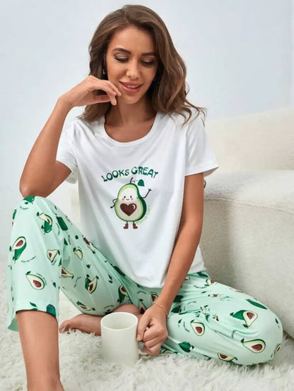 Cartoon Avocado Print Pajama Set