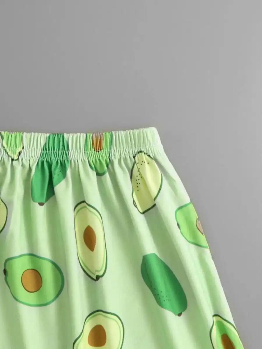 Cartoon Avocado Print Pajama Set