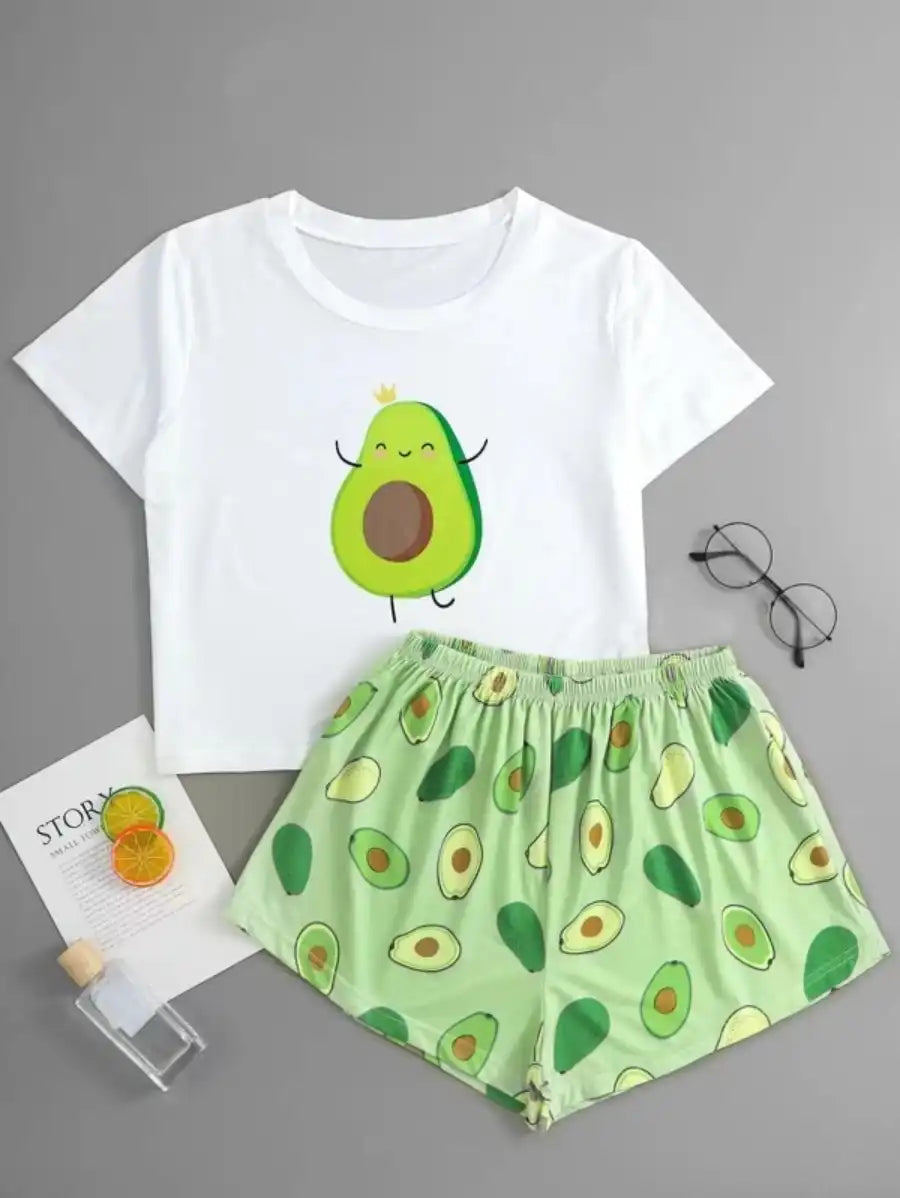 Cartoon Avocado Print Pajama Set