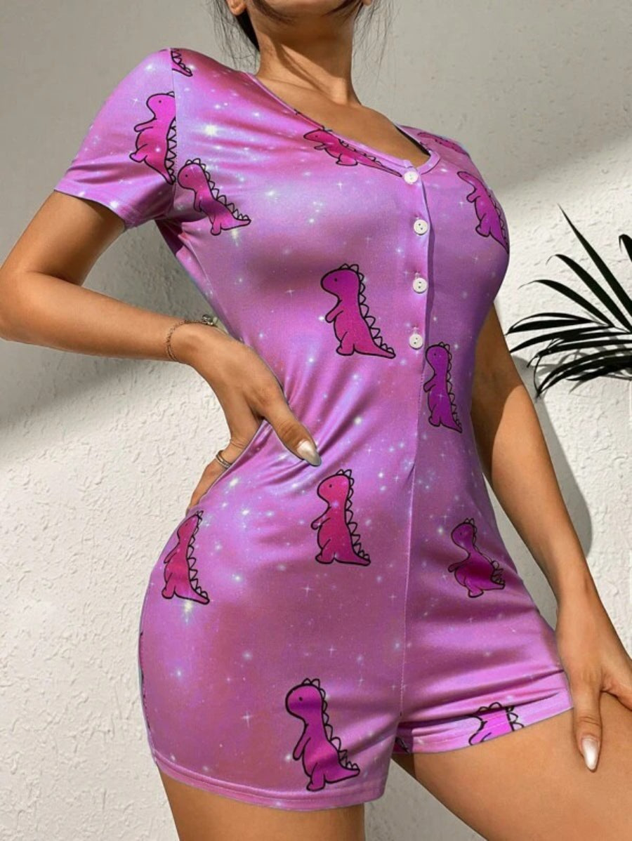 Cartoon Dinosaur Print Button Front Sleep Romper