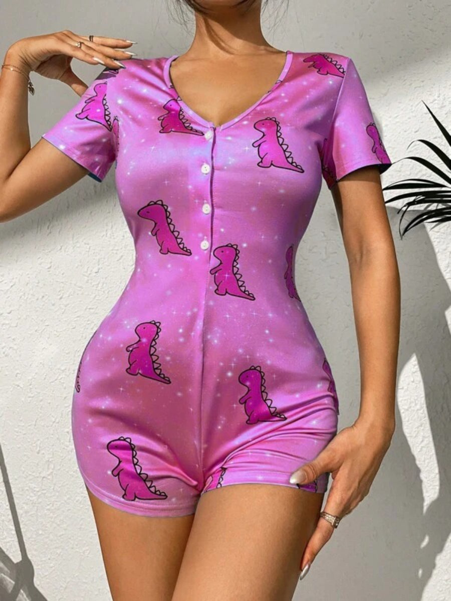 Cartoon Dinosaur Print Button Front Sleep Romper