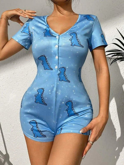 Cartoon Dinosaur Printed Button Front Romper