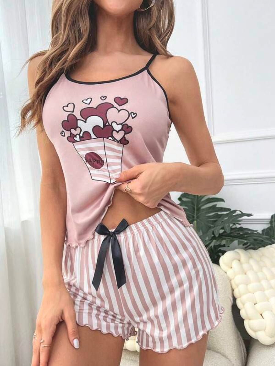 Cartoon Graphic Top And Striped Shorts Set