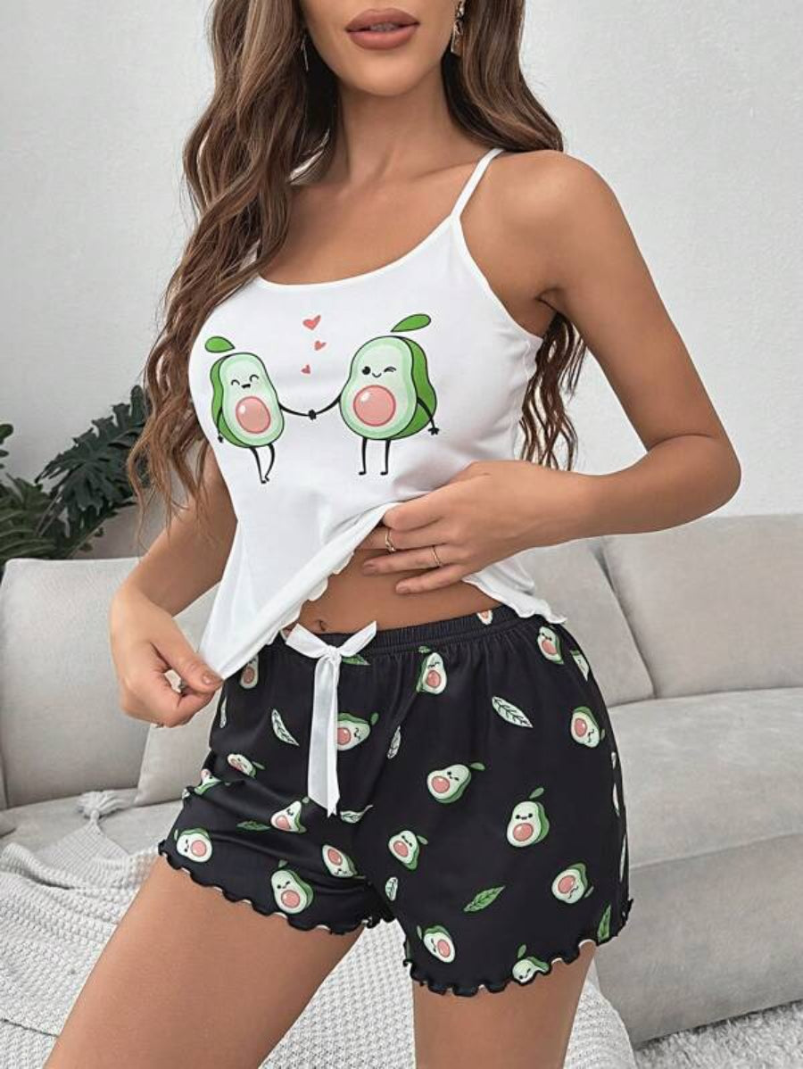 Cartoon Graphic Lettuce Trim Bow Front Shorts Set