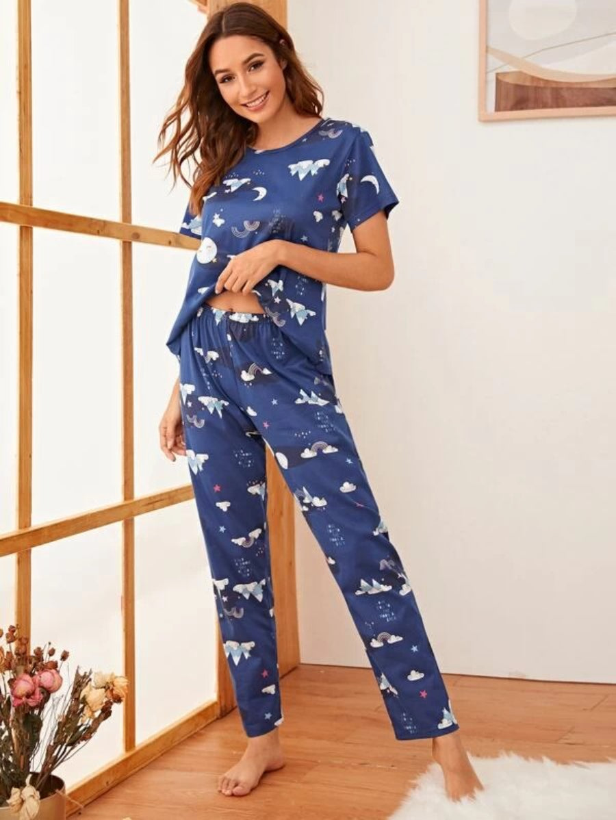 Cartoon Graphic Pant Set And Eye Cover Navy Blue