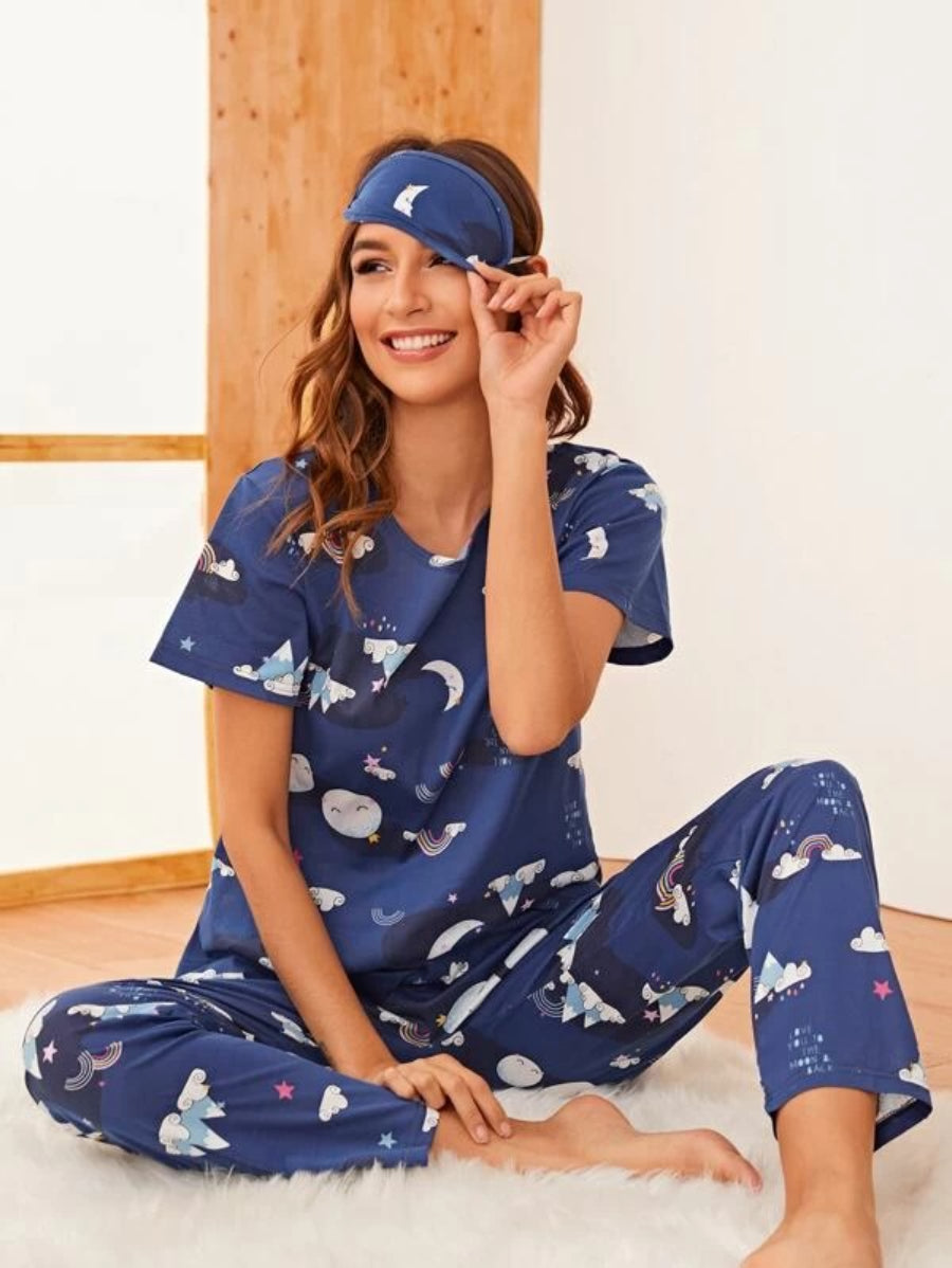 Cartoon Graphic Pant Set And Eye Cover