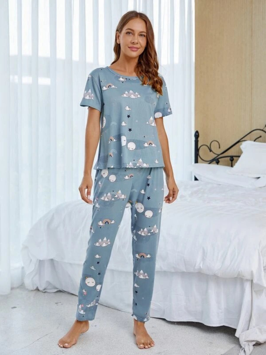 Cartoon Graphic Pant Set And Eye Cover Blue