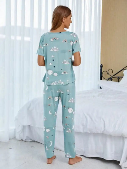 Cartoon Graphic Printed Pajama Set With Sleep Mask
