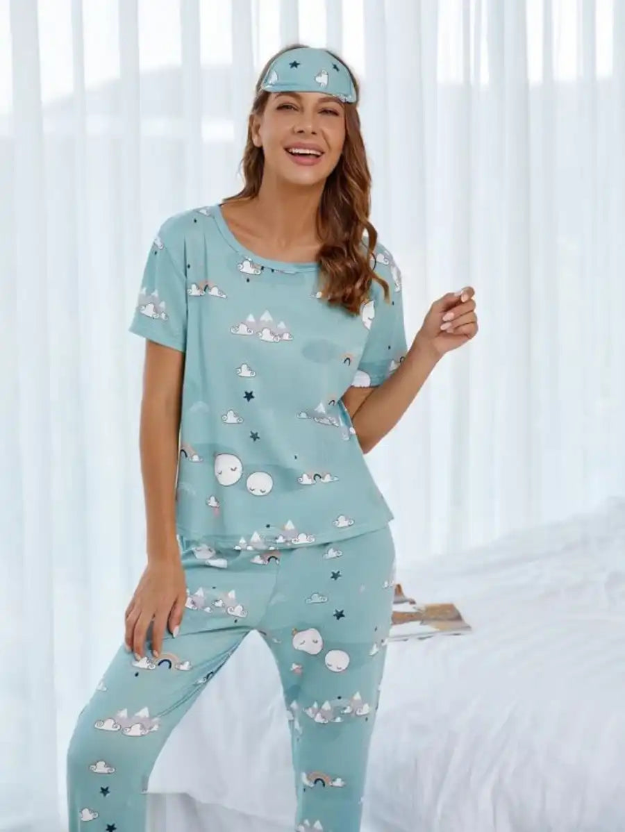 Cartoon Graphic Printed Pajama Set With Sleep Mask