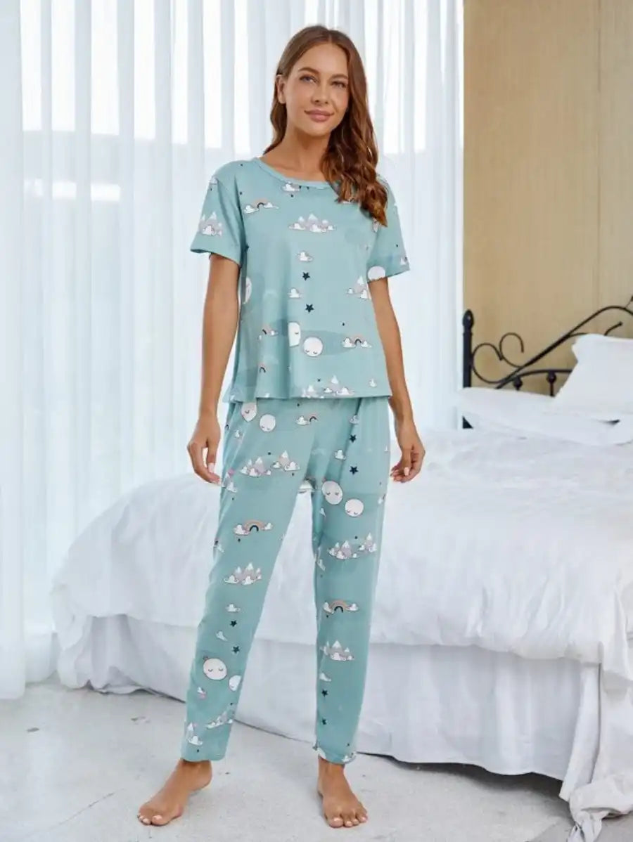 Cartoon Graphic Printed Pajama Set With Sleep Mask