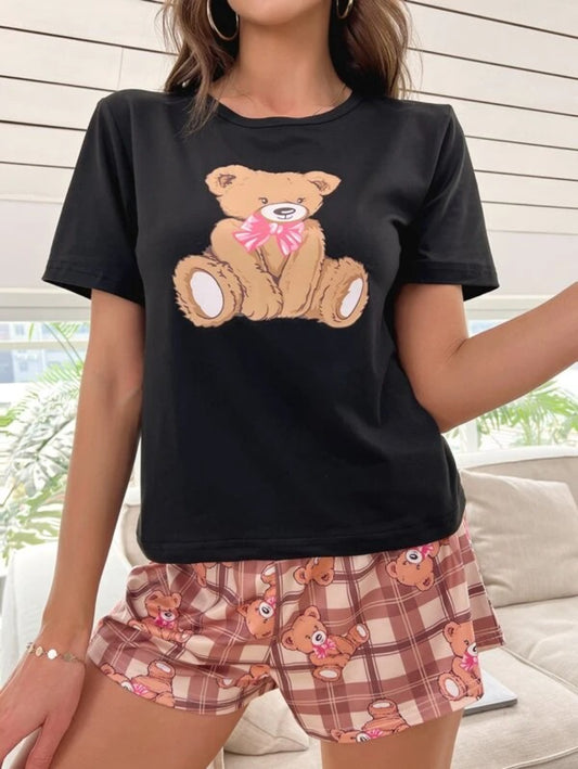 Cartoon Graphic Tee And Plaid Print Shorts Set